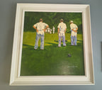 John Haskins art- 'Last Bowl' Framed Original of Lawn Bowls Match - Primrose Gallery and Framing 