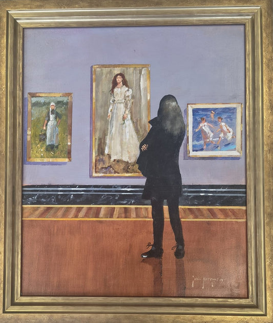 John Haskins art - 'The Woman in White', Original Oil on Board, Framed