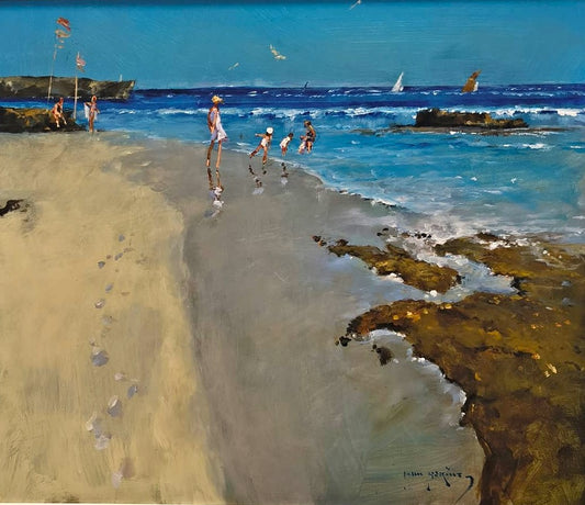 John Haskins art- 'Edge of the Tide', Original Oil on Board, Framed