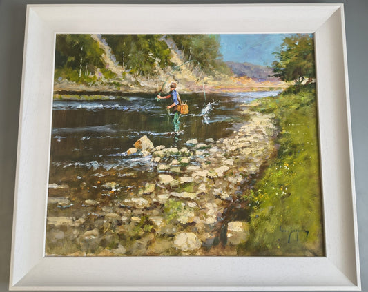 John Haskins art- 'Taking the Fly', Original Oil on Board, Framed