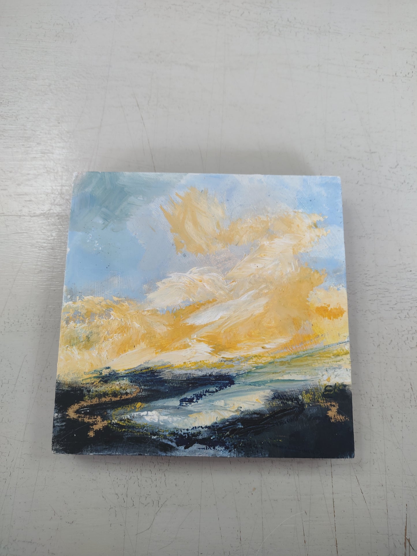 Emma Saul- Golden Clouds, Mini Original Oil and Mixed Media on Board