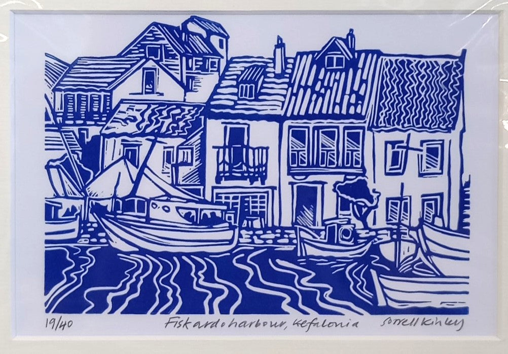 Sorrell Kinley - Fiskardo Harbour, Kefalonia , Lino Print