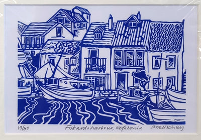 Sorrell Kinley - Fiskardo Harbour, Kefalonia , Lino Print