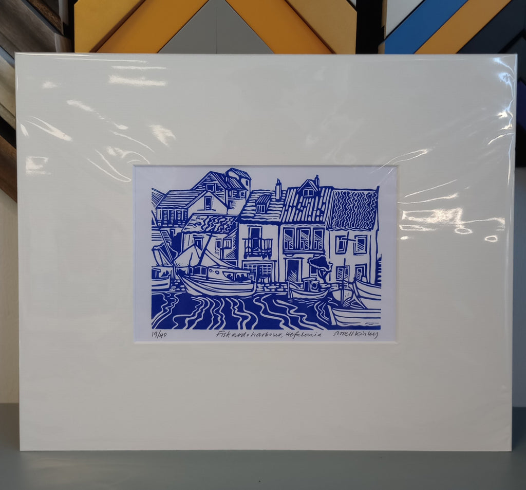 Sorrell Kinley - Fiskardo Harbour, Kefalonia , Lino Print