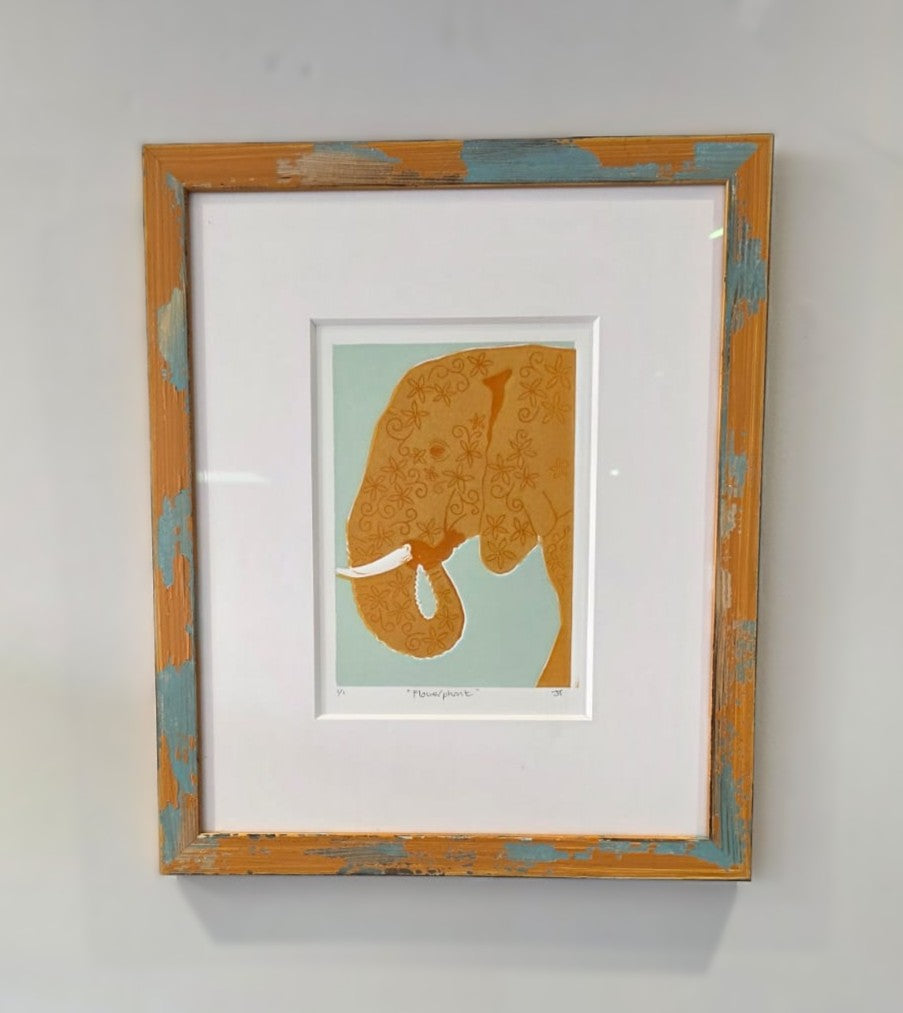 Julia Thompson - Flowerphant, Framed Limited Edition Lino Print - Primrose Gallery and Framing 