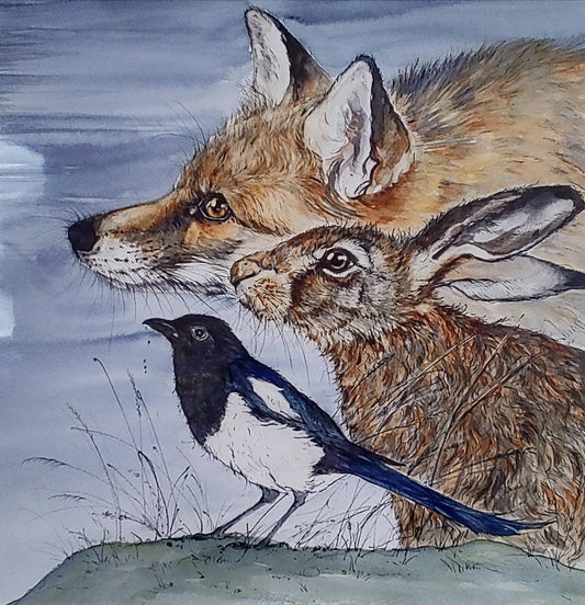 Anne Gilbert - Fox, Hare and Magpie, limited edition print