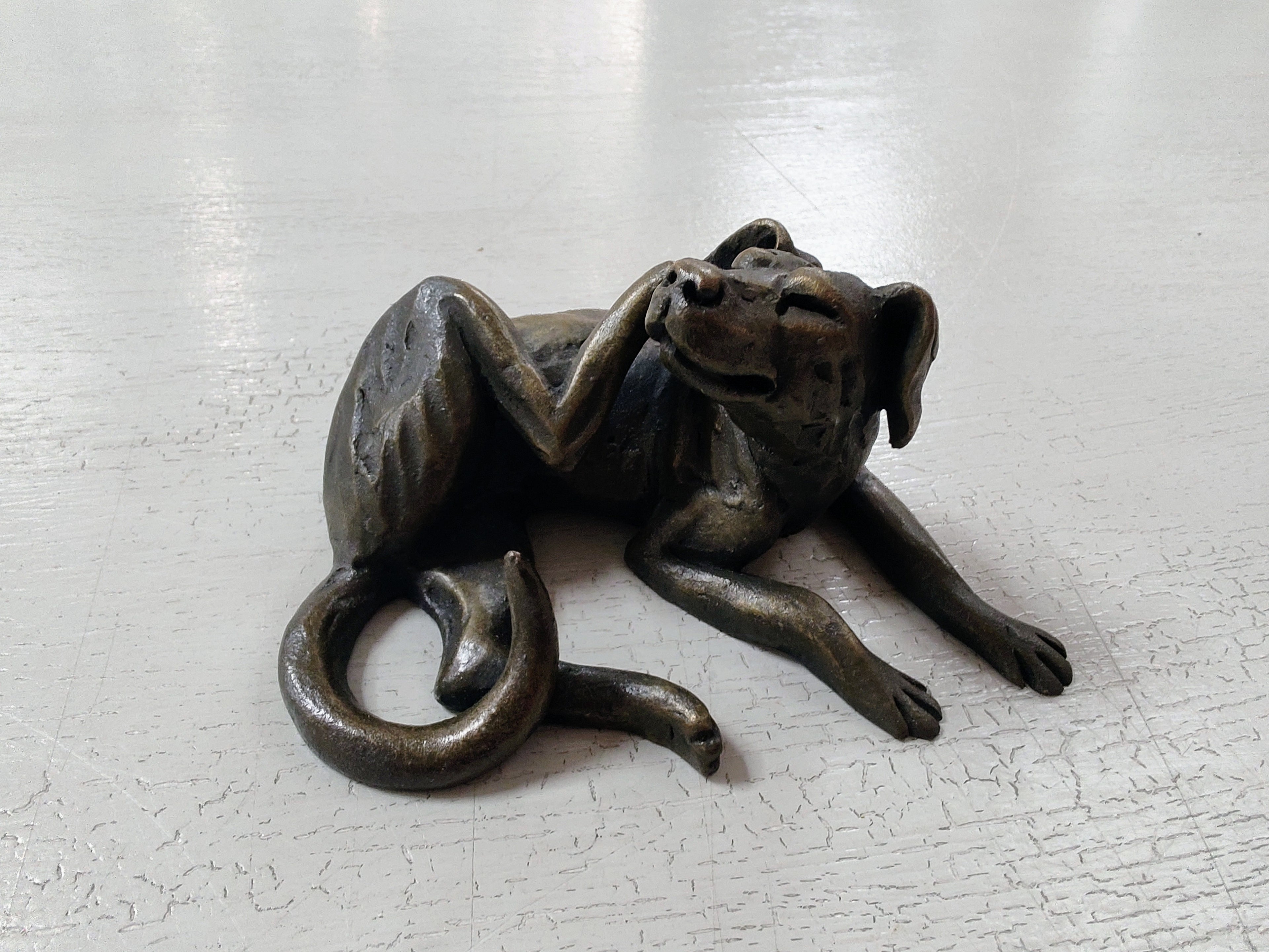 Pippa Hill- Bronze Resin Sculpture, Dog Sitting Scratching - Primrose Gallery and Framing 
