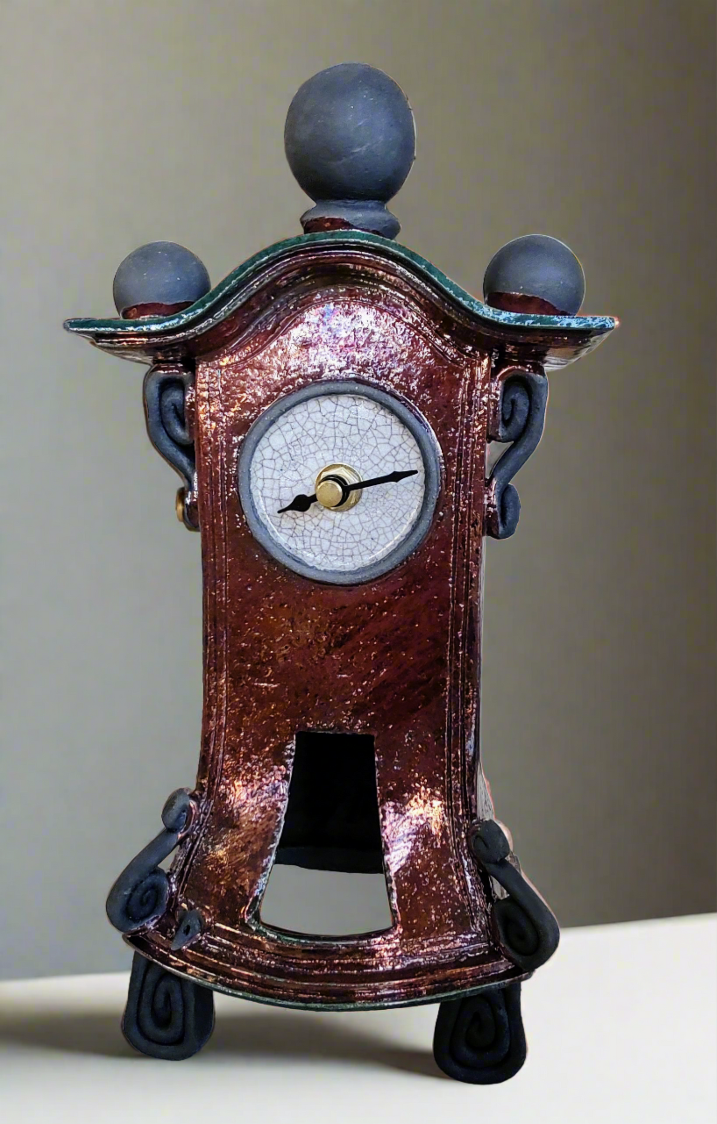 Stonesplitter- Tall Pendulum Dark Green and Copper Raku Clock