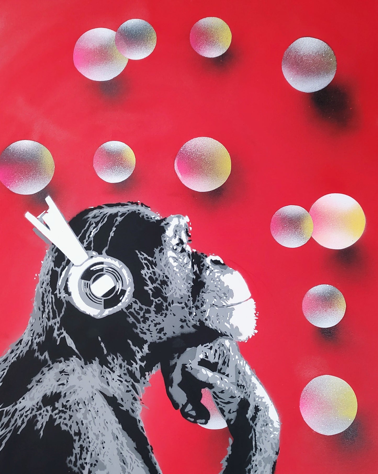 909Art- Disco Chimp, Bubbles- Original Mixed media on Canvas