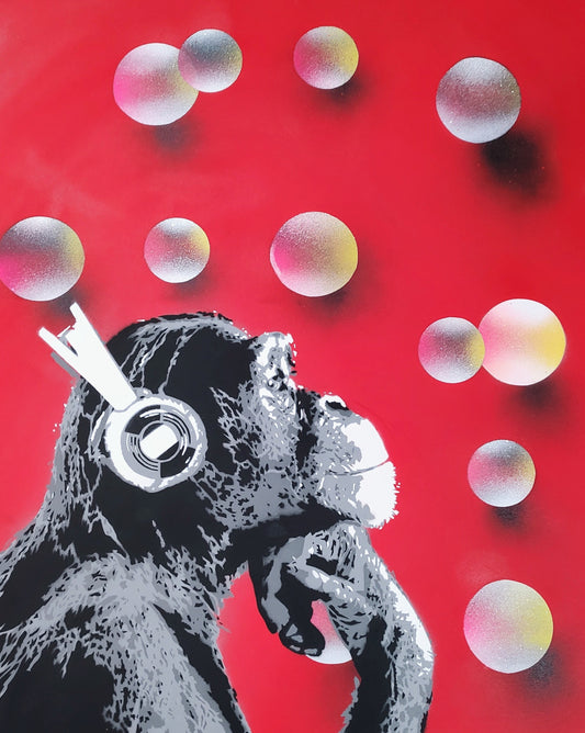 909Art- Disco Chimp, Bubbles- Original Mixed media on Canvas