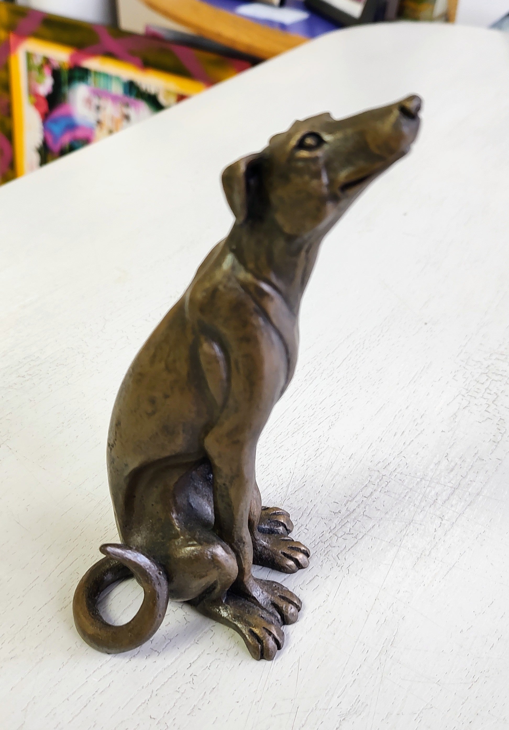 Pippa Hill- Lurcher sitting,Bronze Resin Sculpture - Primrose Gallery and Framing 
