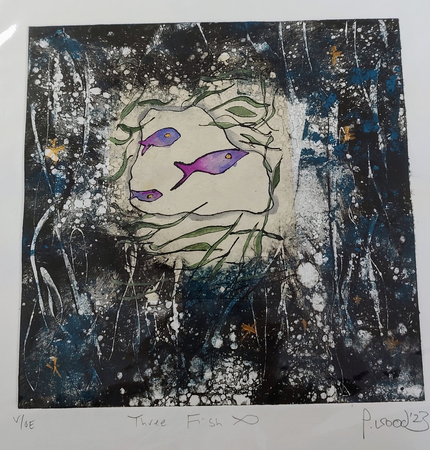 Pauline Wood- Three Fish, Hand Coloured Monotype