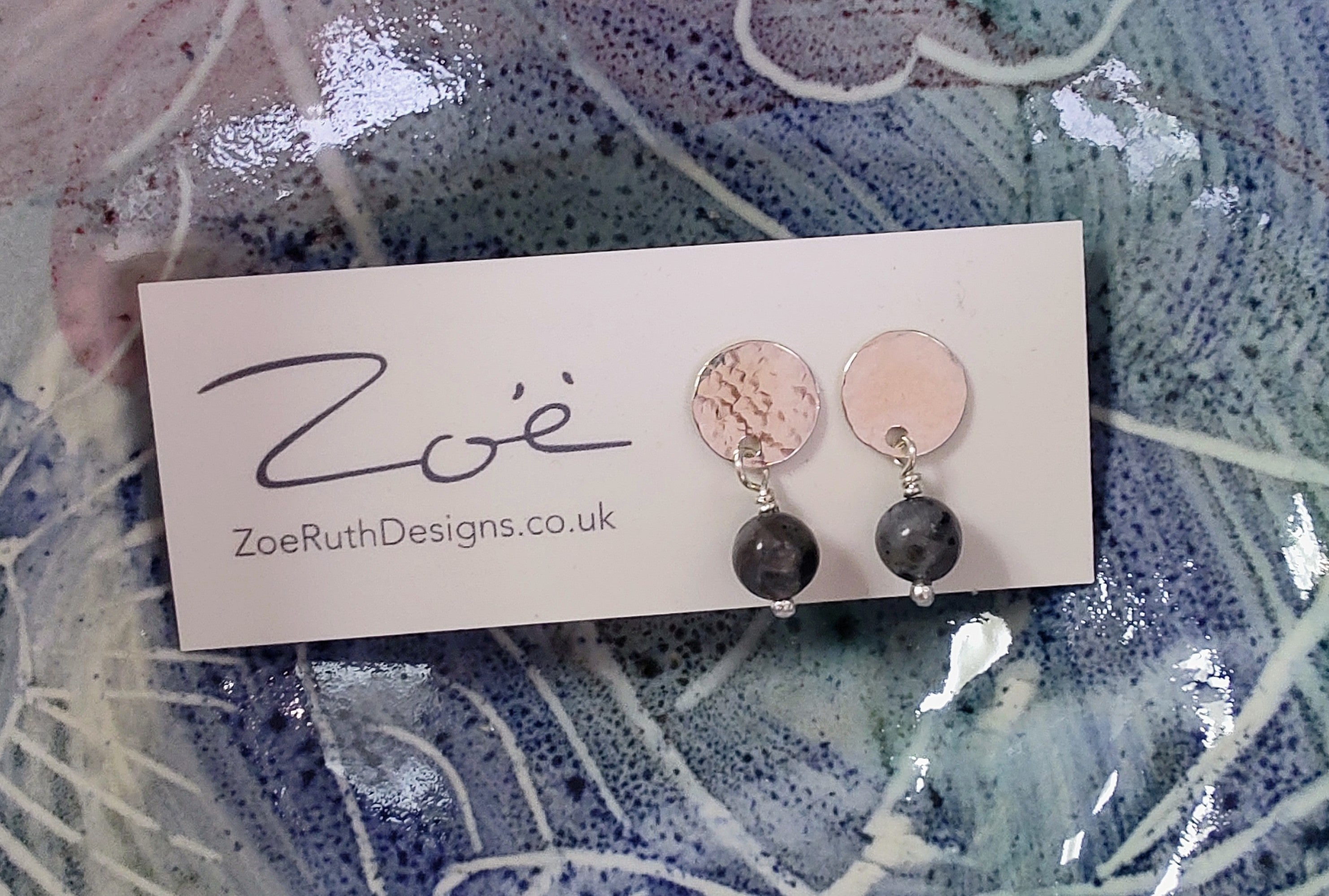 Zoe Ruth- Silver Hammered Disc and Labradite Studs - Primrose Gallery and Framing 