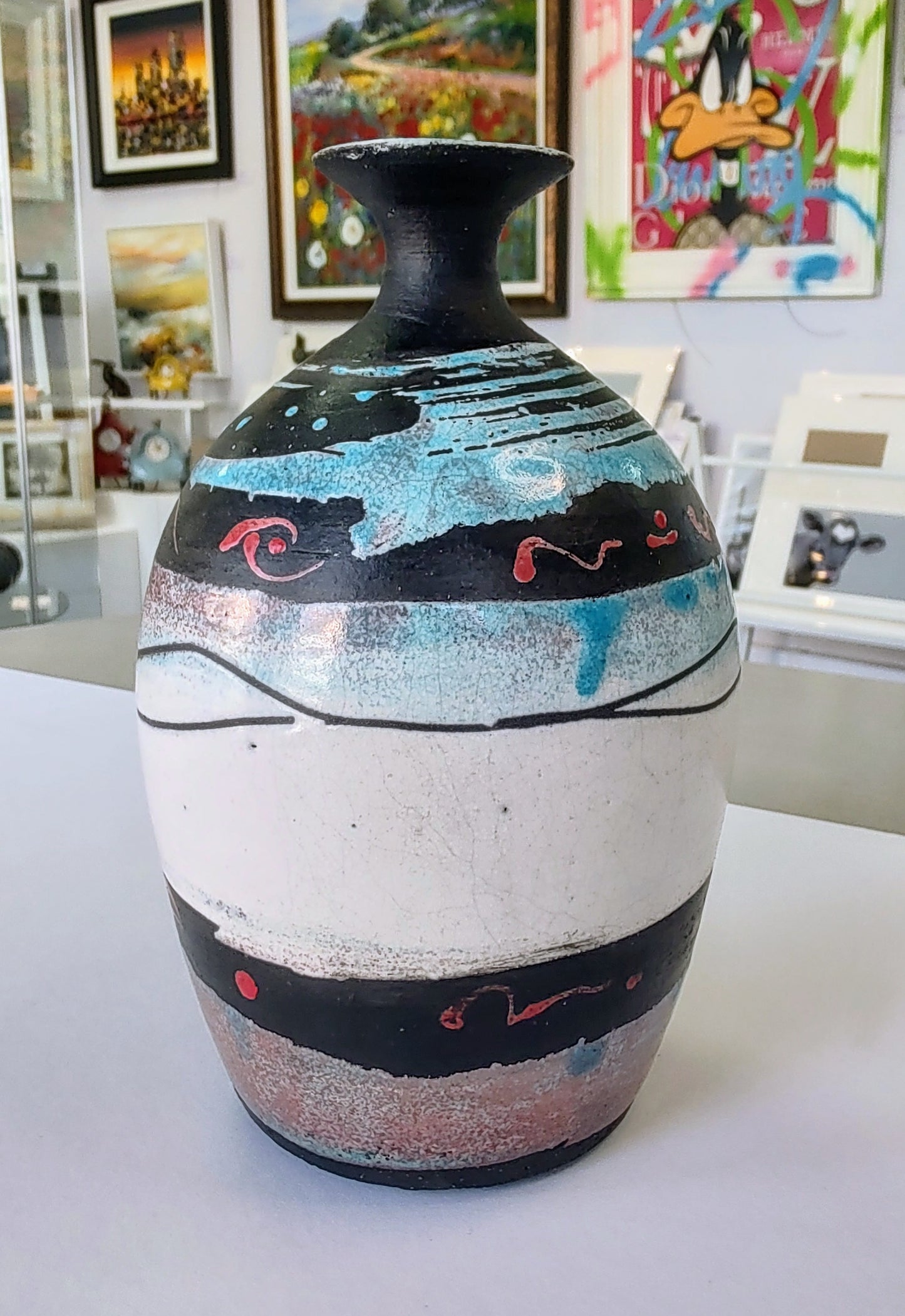 Nigel Gossage, Black Rose Ceramics- Raku Wave Stem Vase, Hand made Ceramic