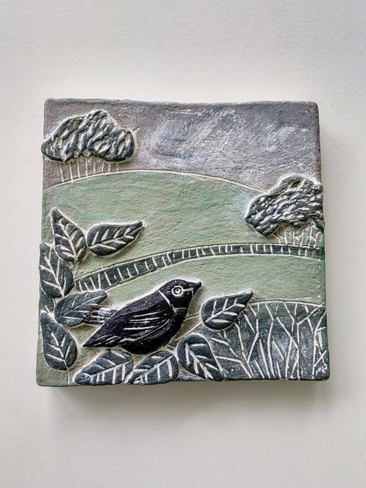 Dawn Isaac - Ceramic Wall Tile Plaque 'Black Bird in Field'