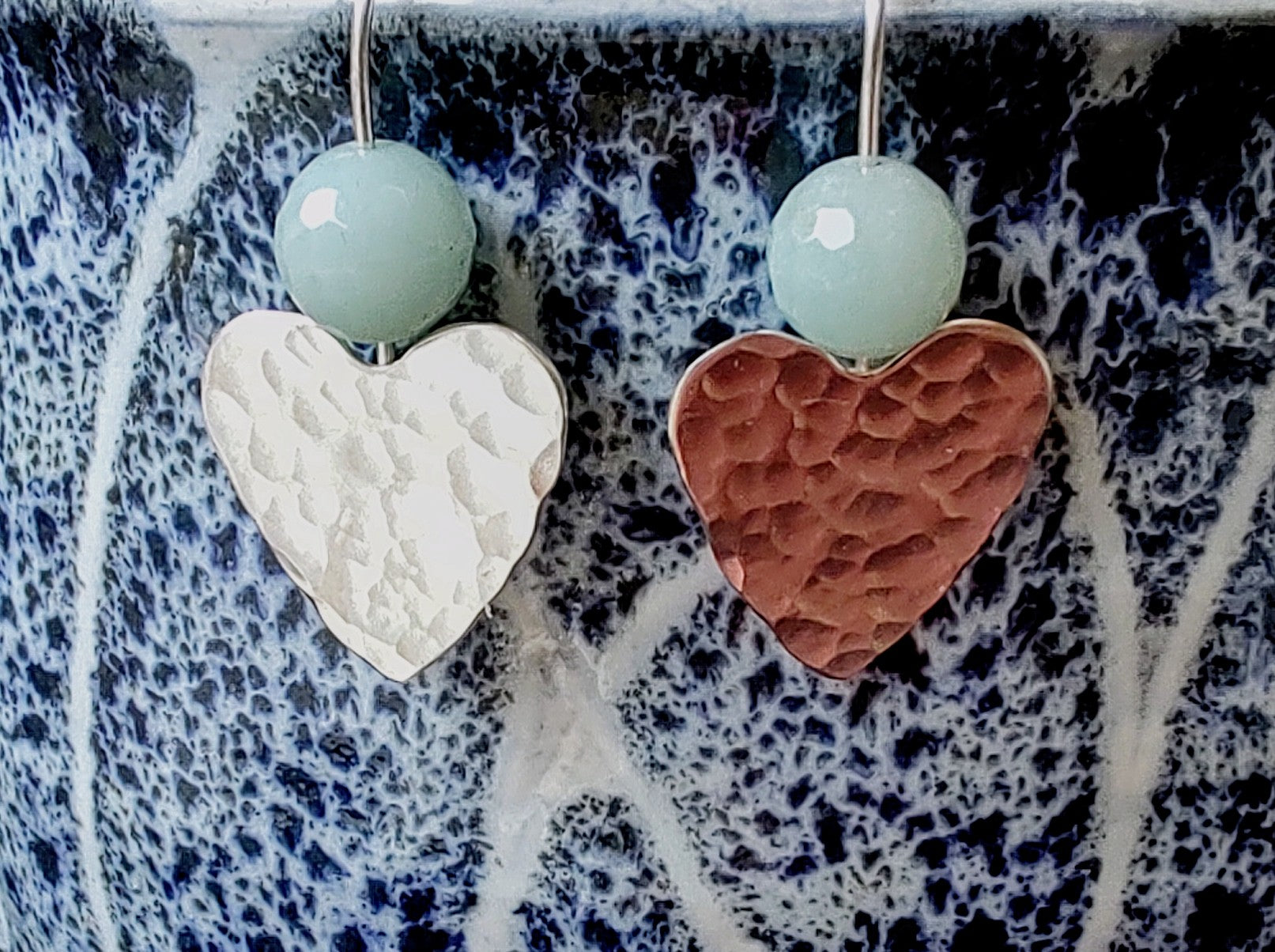 Zoe Ruth- Silver and Aventurine Hammered heart Earrings - Primrose Gallery and Framing 