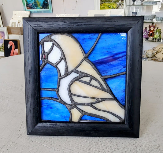 Pictures In Glass- Night Watch, Framed Stained Glass Picture of a Barn Owl