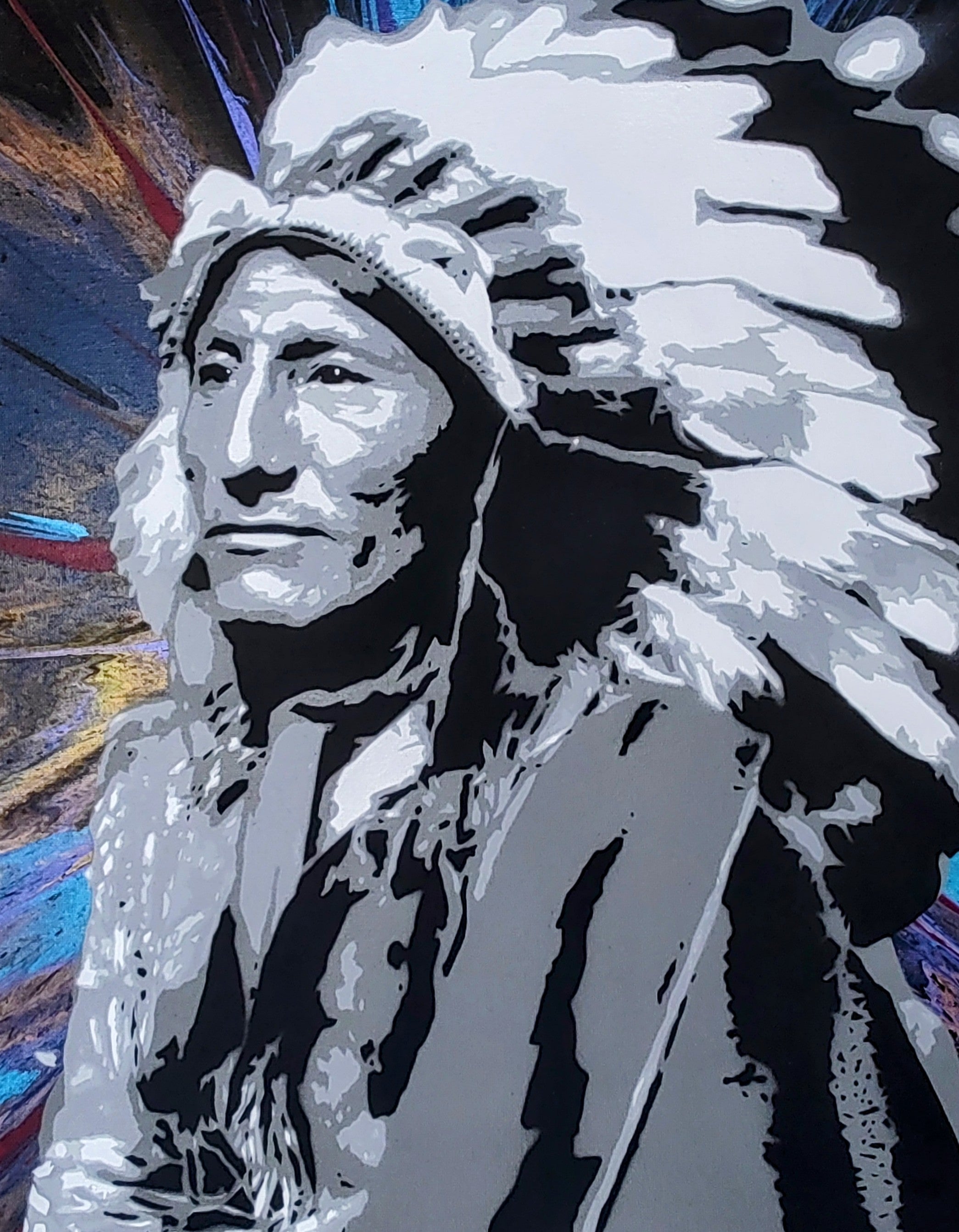 909Art- Chief Whirling Horse, Original Mixed media on Canvas - Primrose Gallery and Framing 