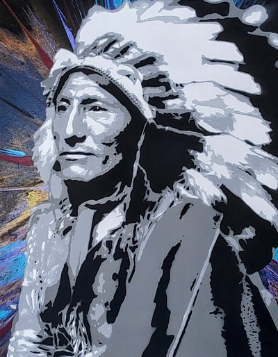 909Art- Chief Whirling Horse, Original Mixed media on Canvas - Primrose Gallery and Framing 