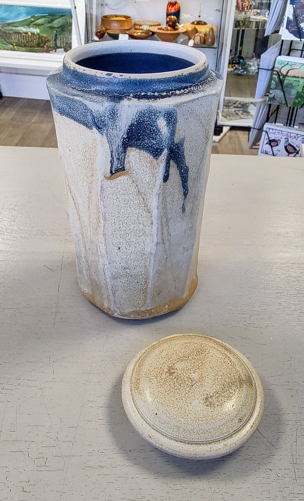 Richard Gibson- Coastal Storage Jar- Blue and Sand, Ceramic Lidded Jar - Primrose Gallery and Framing 