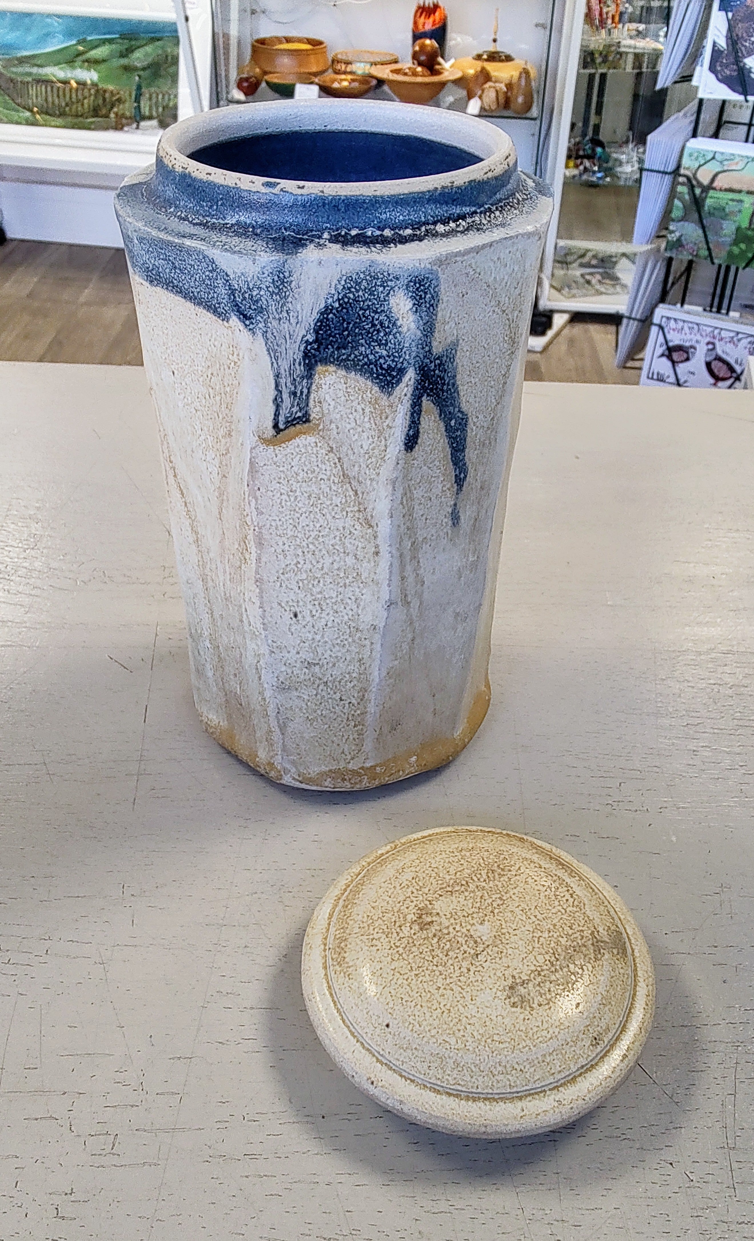 Richard Gibson- Coastal Storage Jar- Blue and Sand, Ceramic Lidded Jar - Primrose Gallery and Framing 