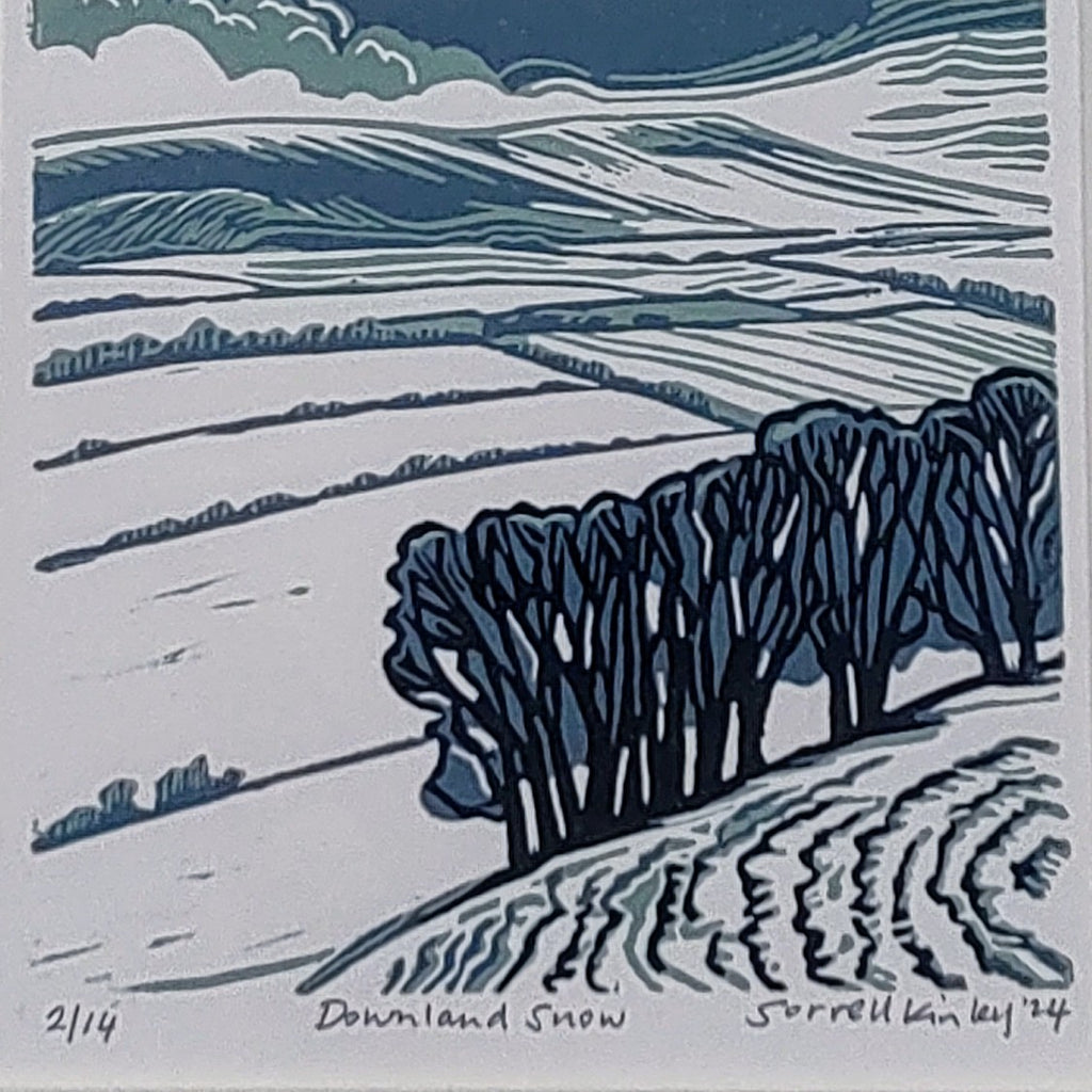 Sorrell Kinley- Downland Snow, Mounted 3 Colour Lino Print - Primrose Gallery and Framing 