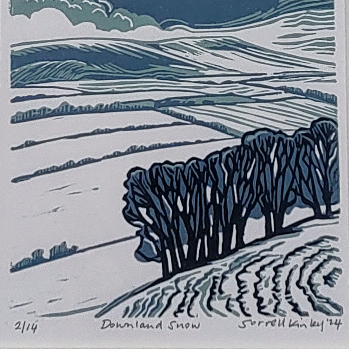 Sorrell Kinley- Downland Snow, Mounted 3 Colour Lino Print