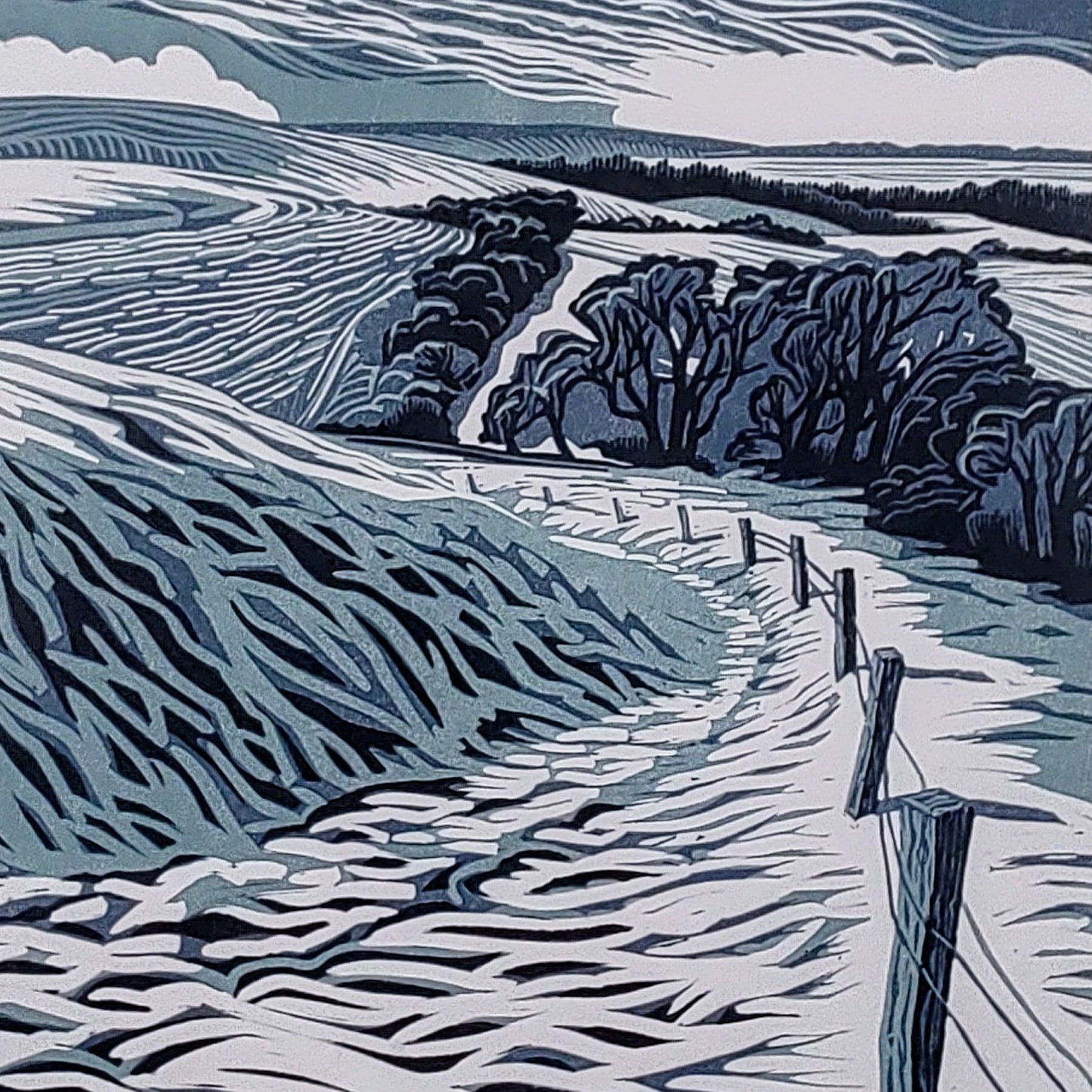 Sorrell Kinley- Downland Winter, Framed 3 Colour Lino Print