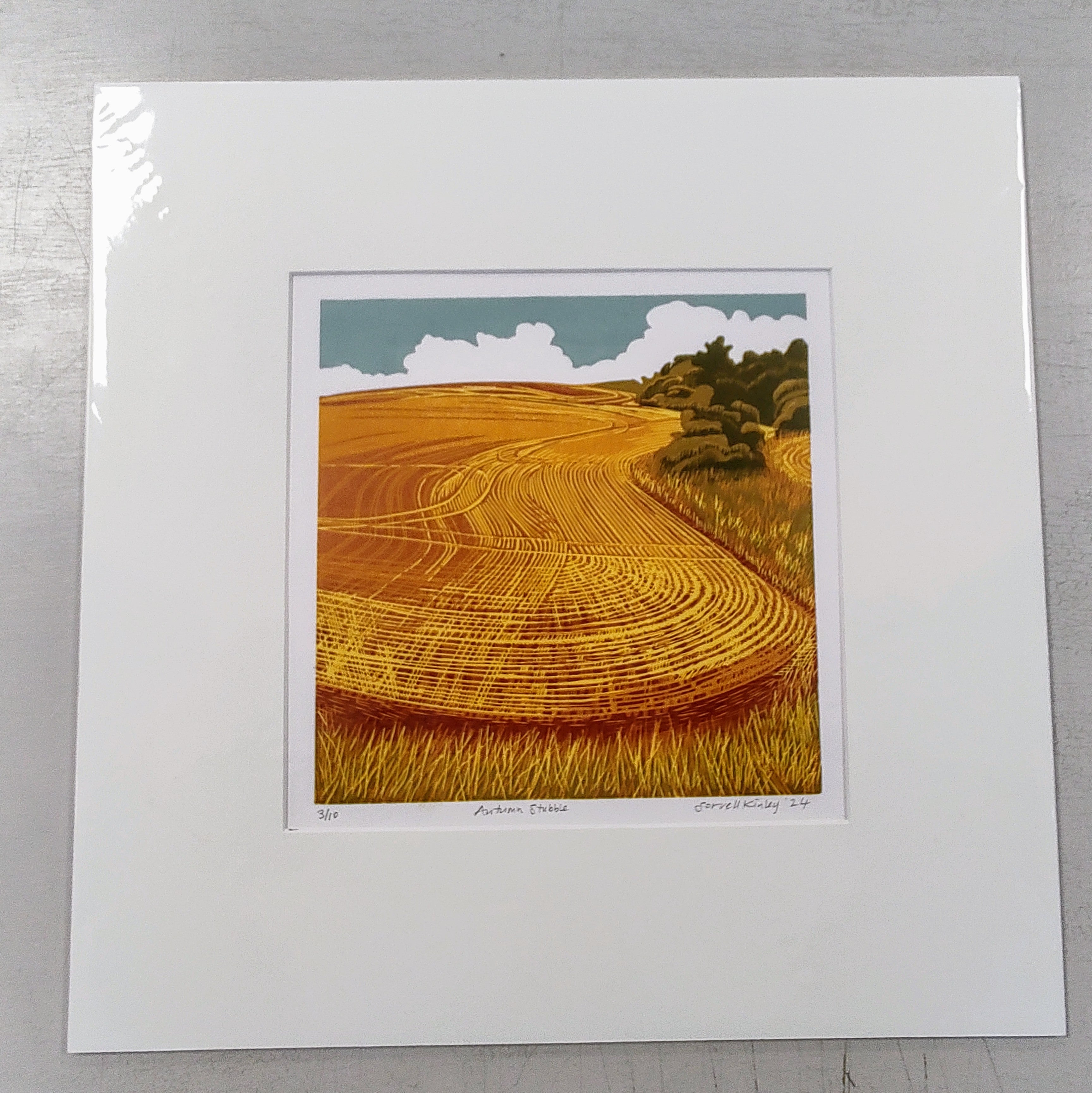 Sorrell Kinley- Autumn Stubble, Mounted 5 Colour Lino Print - Primrose Gallery and Framing 