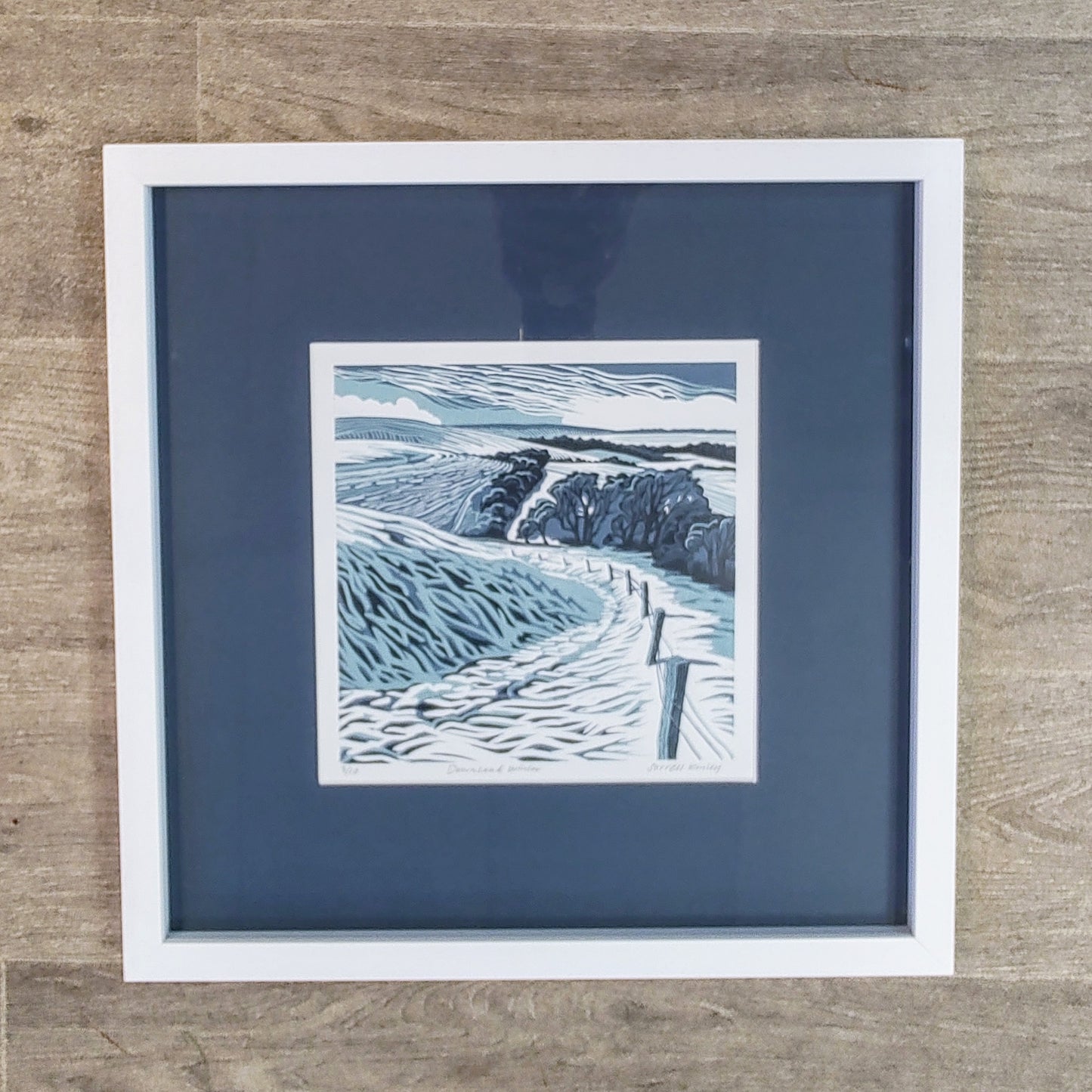 Sorrell Kinley- Downland Winter, Framed 3 Colour Lino Print