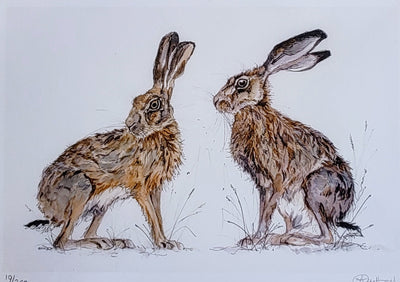 Anne Gilbert - Den and Daisy Hares, Mounted limited Edition Print - Primrose Gallery and Framing 