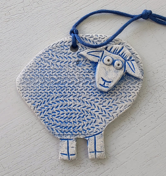Dawn Isaac - Sheep, Ceramic Hanging Tile, Blue