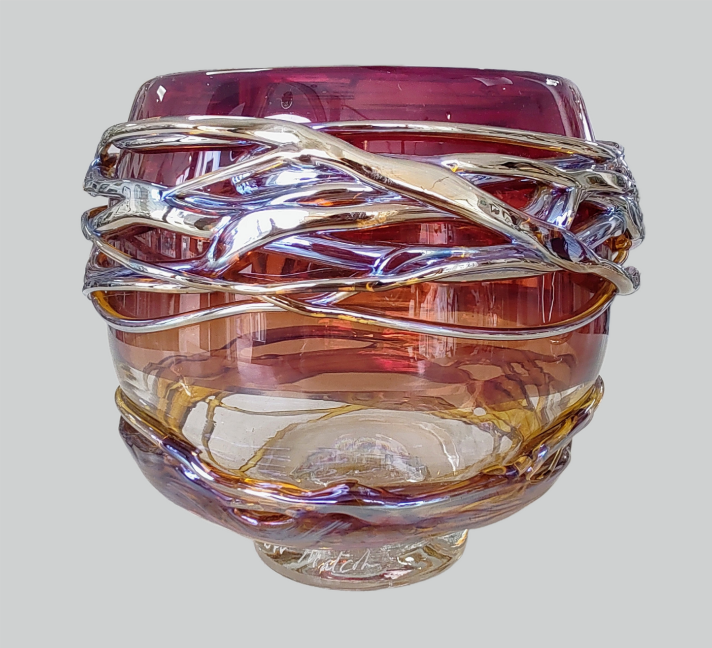 Allister Malcolm-Unique Glass Golden Trailing Bowl, Small Ruby Amber Hand Blown