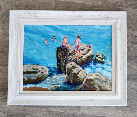 John Haskins art- 'The Swimming Place' Original Framed Beach Scene