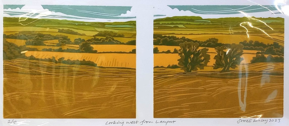 Sorrell Kinley - Looking West From Lamport, Lino Print