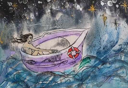 Pauline Wood- Sailing the Boat of Time and Fate, Mixed Media Printmaking
