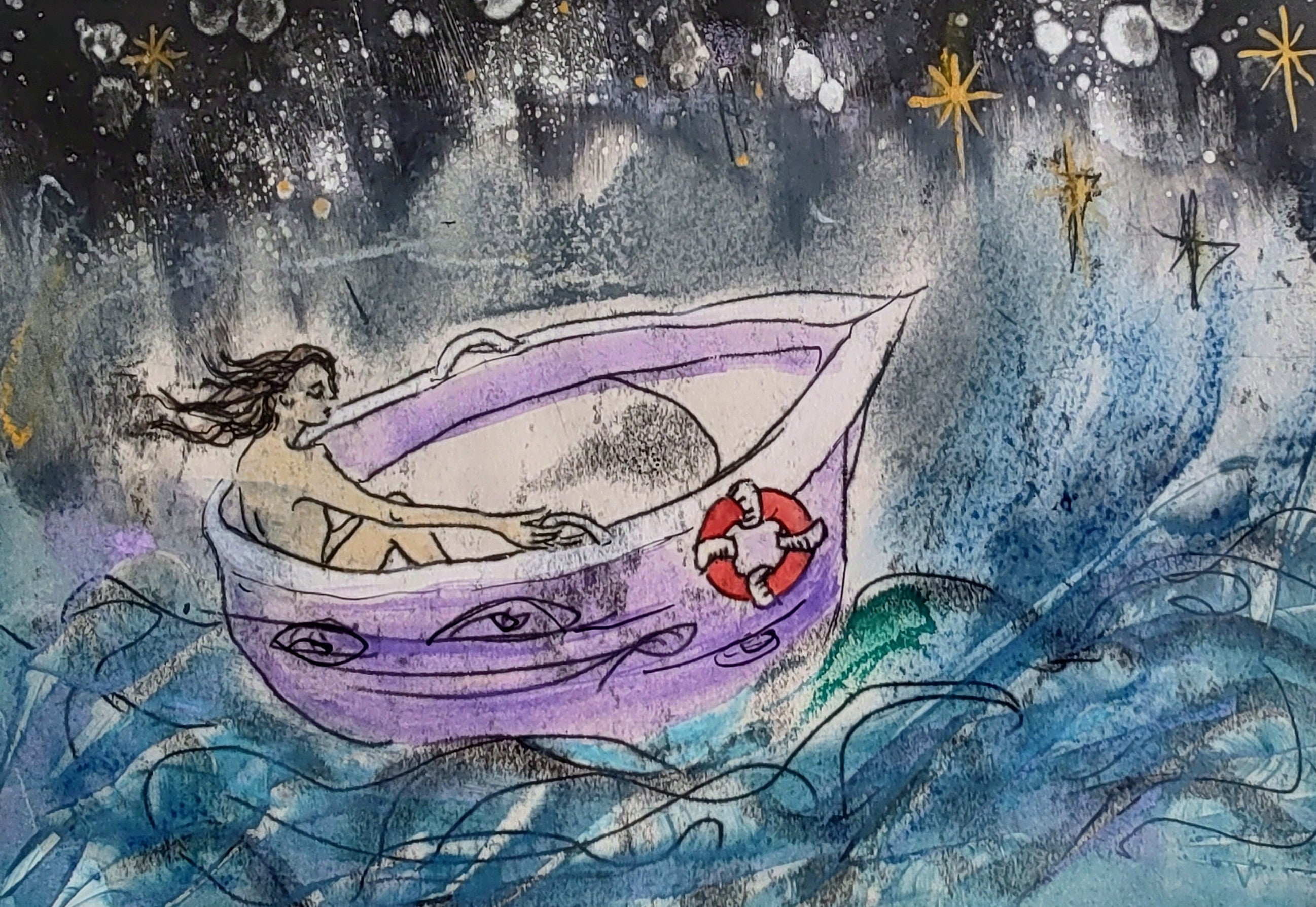 Pauline Wood- Sailing the Boat of Time and Fate, Mixed Media Printmaking - Primrose Gallery and Framing 