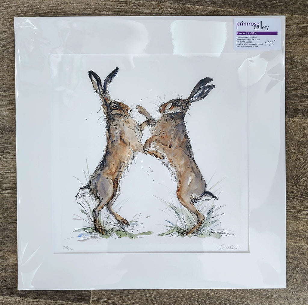Anne Gilbert - Boxing Spring Hares limited Edition Print - Primrose Gallery and Framing 