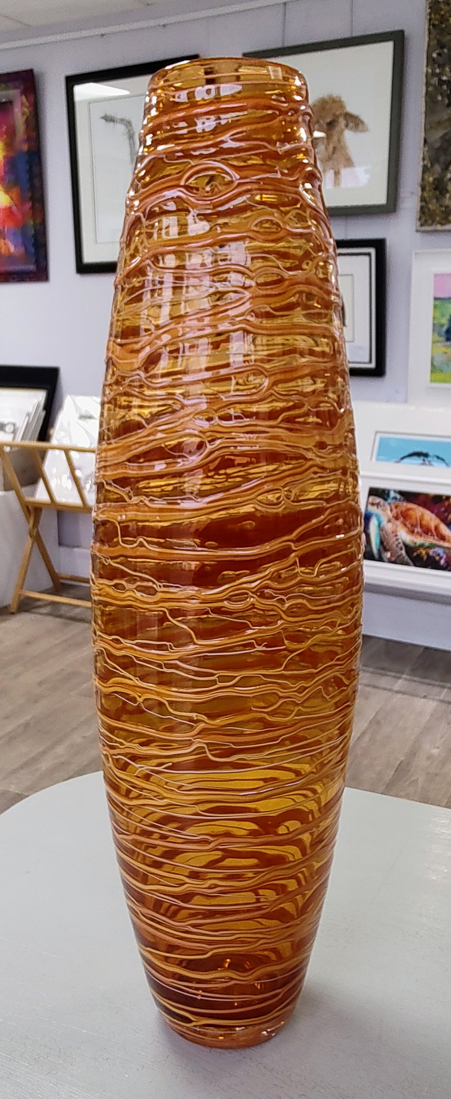 Bob Crooks-Hand Blown British Made Bound Glass Amber Vase, Tall