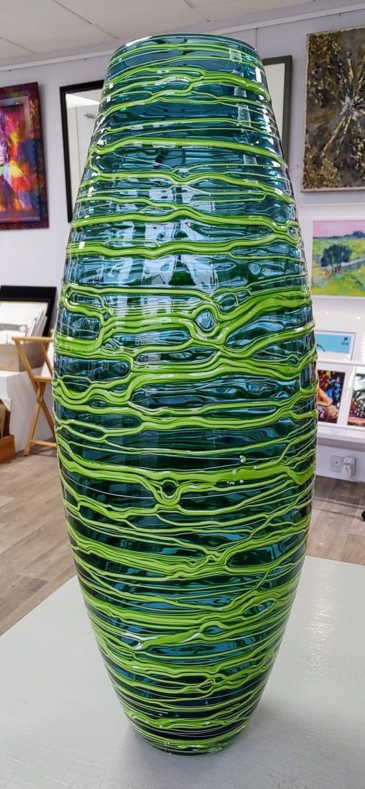 Bob Crooks-Hand Blown British Made Bound Glass Green Vase, Tall