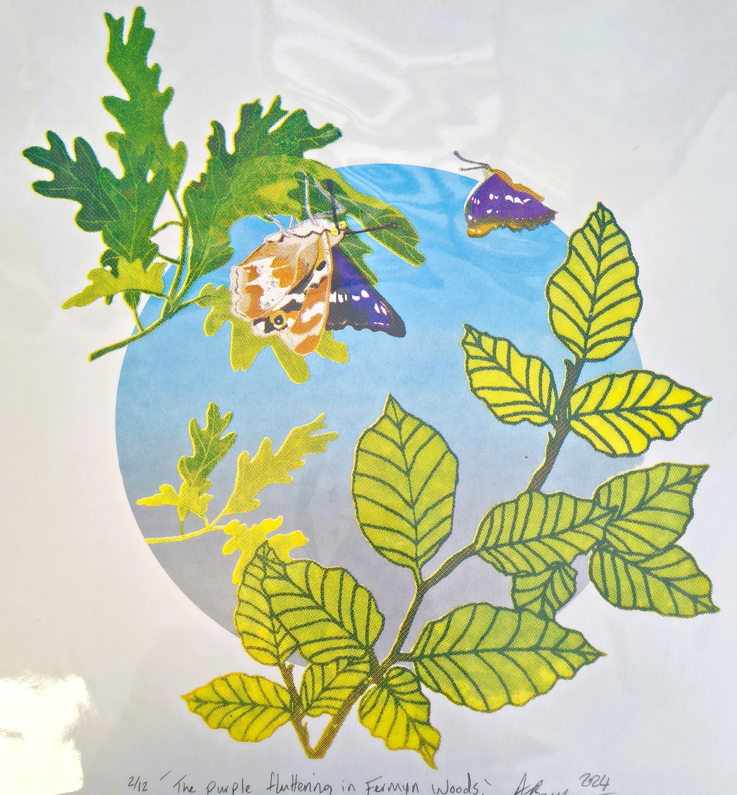 Amelia Bown - Purple Fluttering at Fermyn Woods, Original Ltd Edition Mounted Screen Print - Primrose Gallery and Framing 
