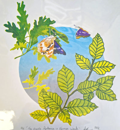 Amelia Bown - Purple Fluttering at Fermyn Woods, Original Ltd Edition Mounted Screen Print - Primrose Gallery and Framing 
