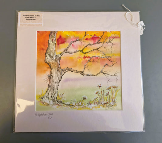 Jane Warwick - A Golden Sky, Original Mounted pen, Ink and Watercolour