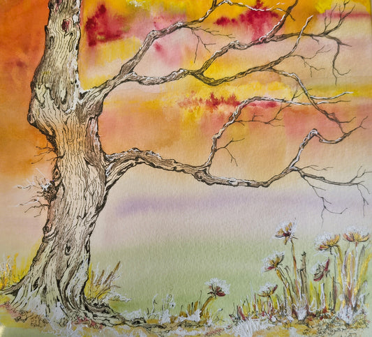 Jane Warwick - A Golden Sky, Original Mounted pen, Ink and Watercolour