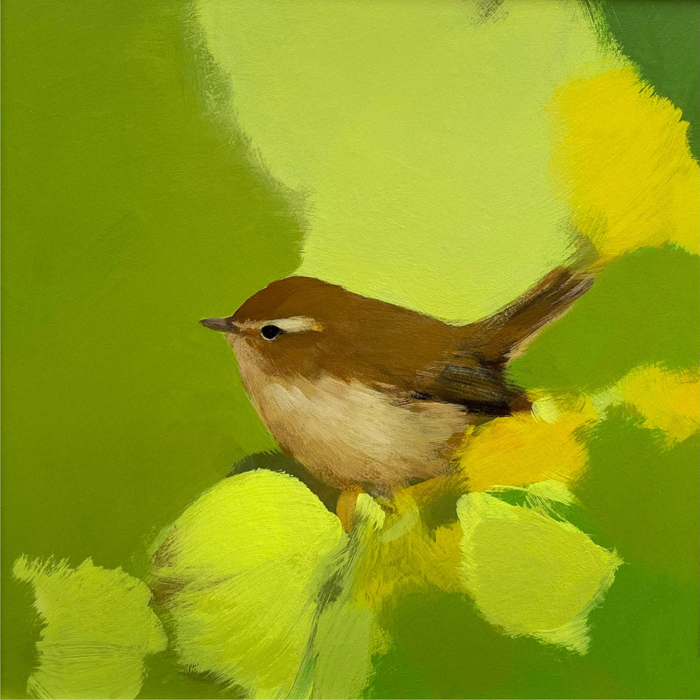 chiff chaff in lush greens by Heidi Langridge — artwork detail, without mount or frame