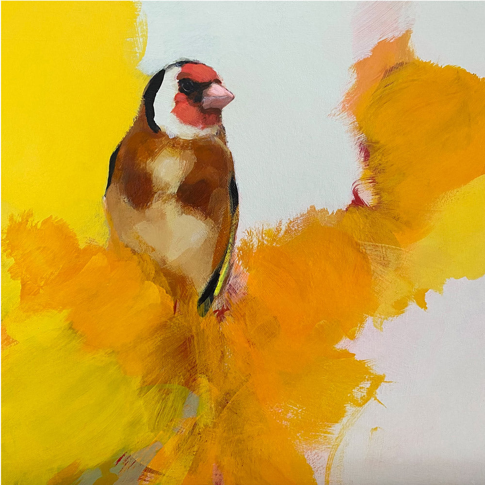 goldfinch in parchment and yellow by Heidi Langridge — artwork detail, without mount or frame