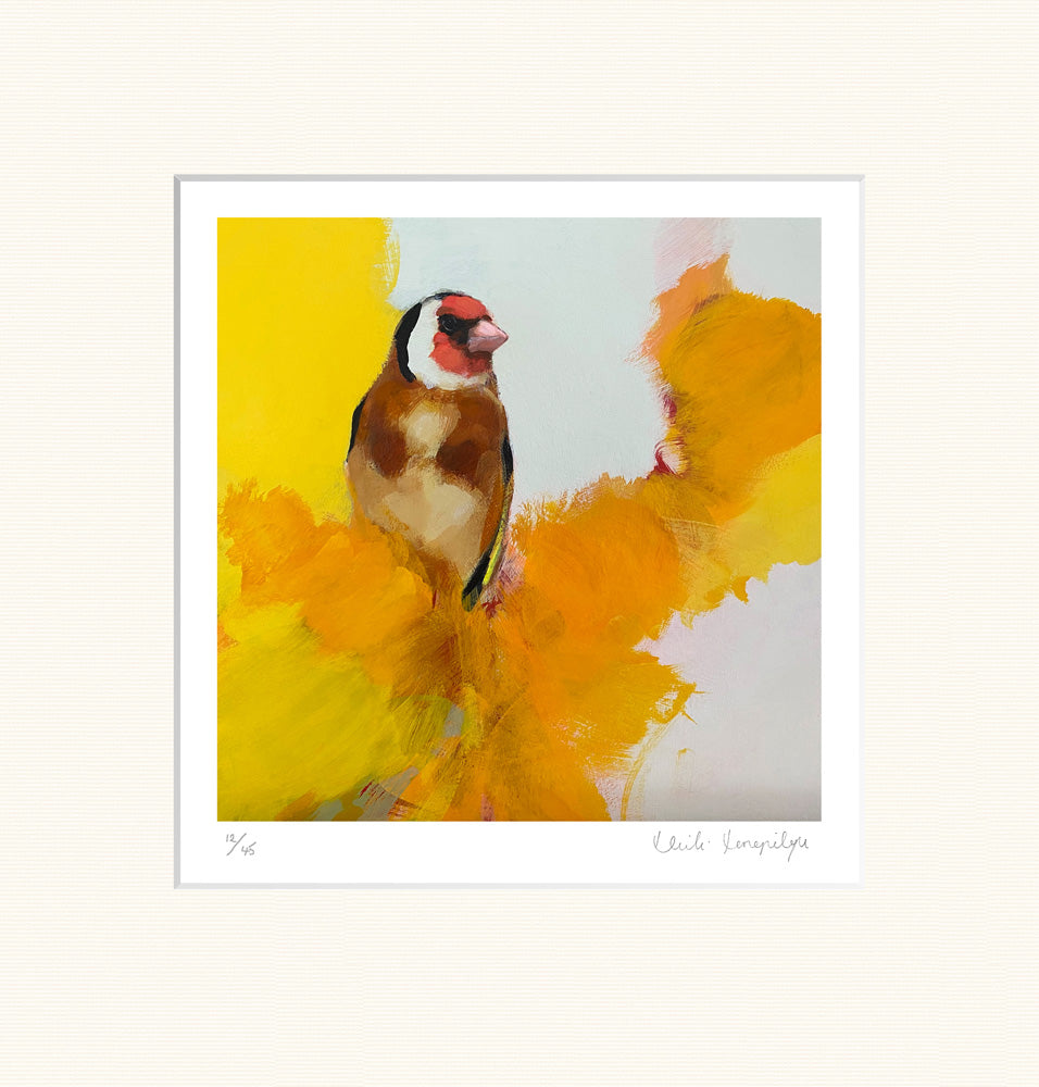 goldfinch in parchment and yellow by Heidi Langridge — publisher mounted print, unframed
