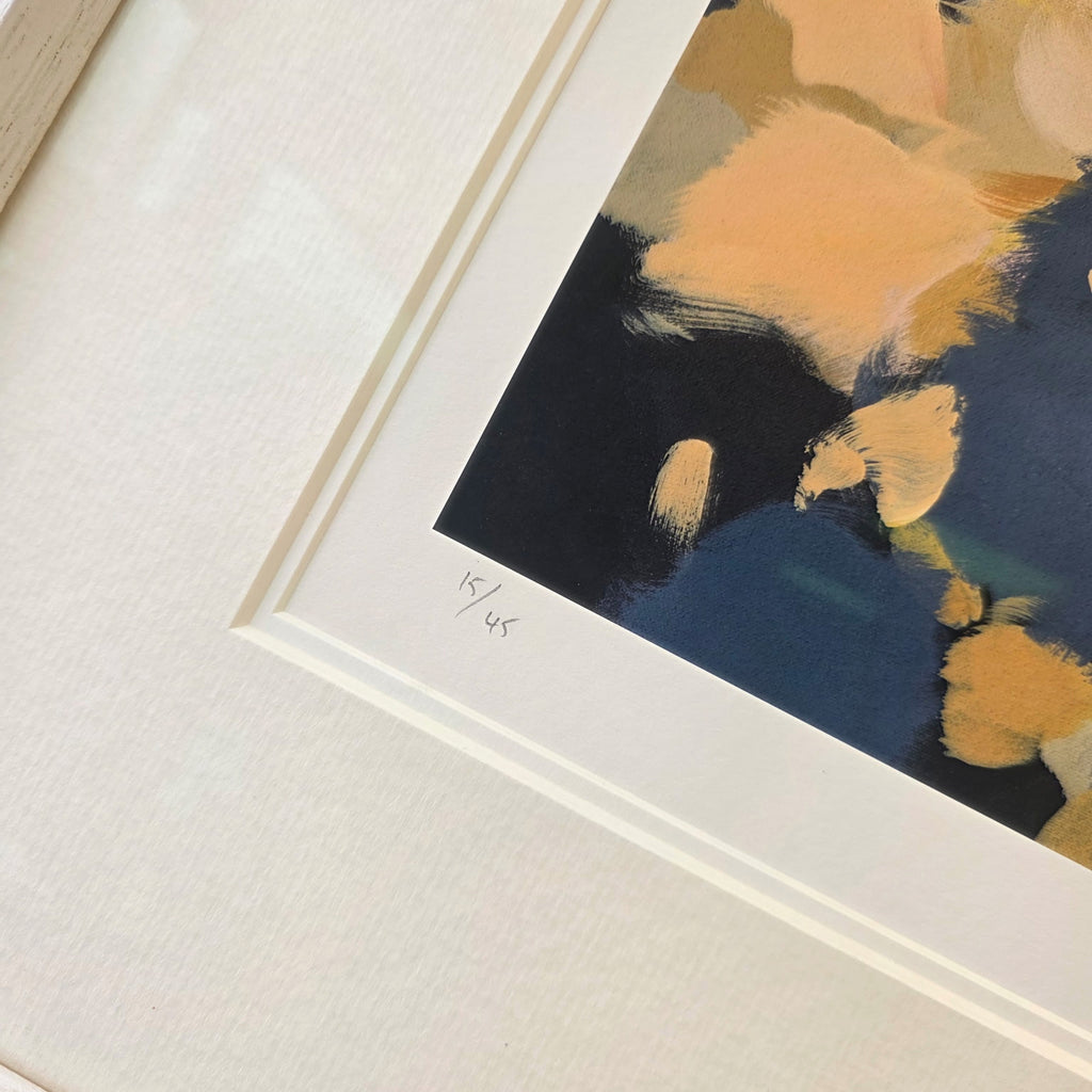 Blackcaps In Blue by Heidi Langridge, edition detail, photographed framed for Primrose Gallery