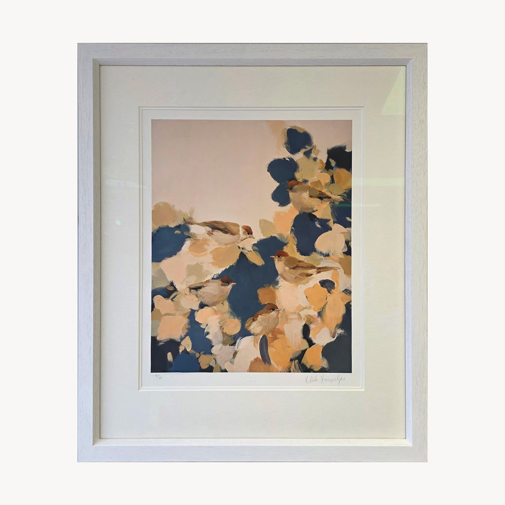 Blackcaps In Blue by Heidi Langridge, front, photographed framed for Primrose Gallery