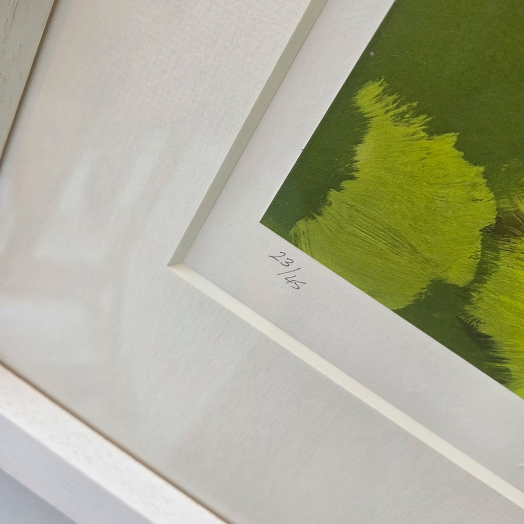 Chiff Chaff In Lush Greens by Heidi Langridge, edition detail, photographed framed for Primrose Gallery